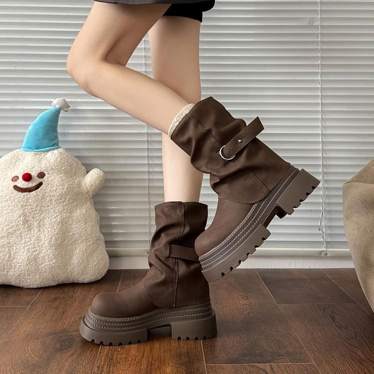 [Fanfna] 2025 autumn new Maillard Martin boots women's British style retro round head thick-soled trousers boots