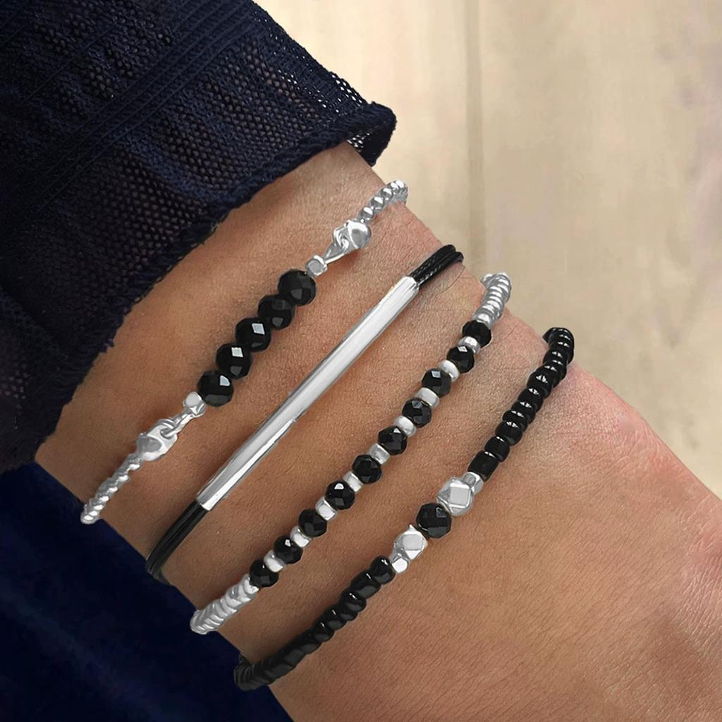 4Pcs Fashion Black Glass Stone Bracelets Set For Women Boho Handmade Beads Chain Bangle Female Boho Jewelry Accessories