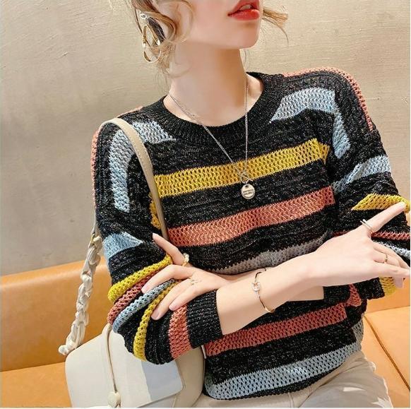 

Women s Spring Autumn Hollow Color Striped Knitted Top Loose Fit Cropped Bat Top Thin Cover Ups XS чёрный