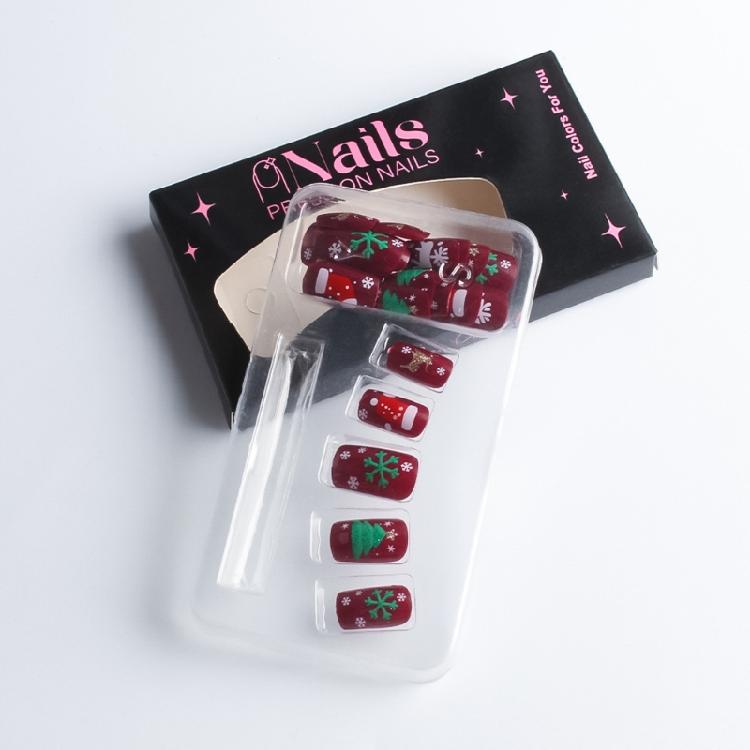 24Pcs Christmas Themed Press on Tips Gold Foil Striped Christmas Snowflake Design Short Square Artificial Nail Tips