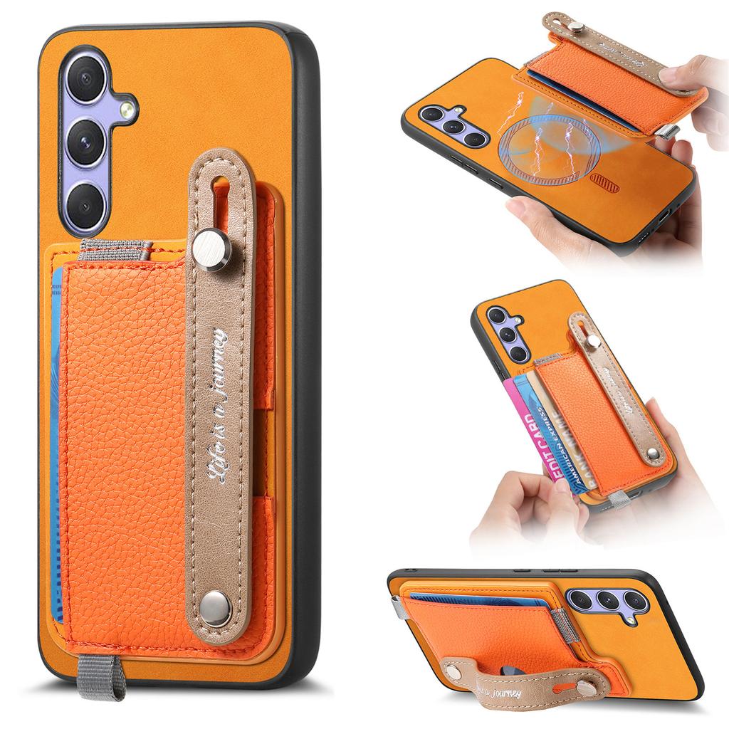 For Samsung Galaxy S25/Galaxy S24 Magnetic Leather Back Case with Detachable Card Holder and Wristband