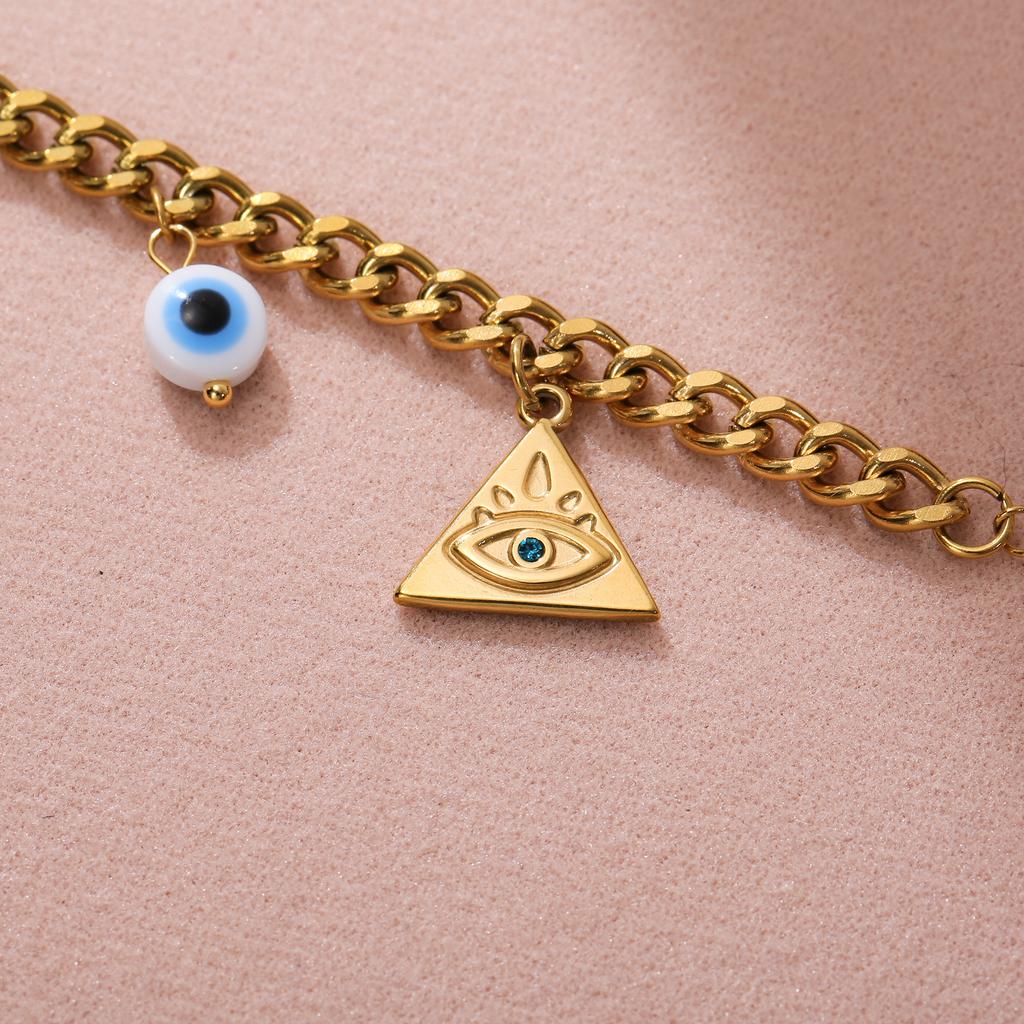 Golden Tone Stainless Steel Evil Eye Charm Bracelet with Freshwater Pearl for Women