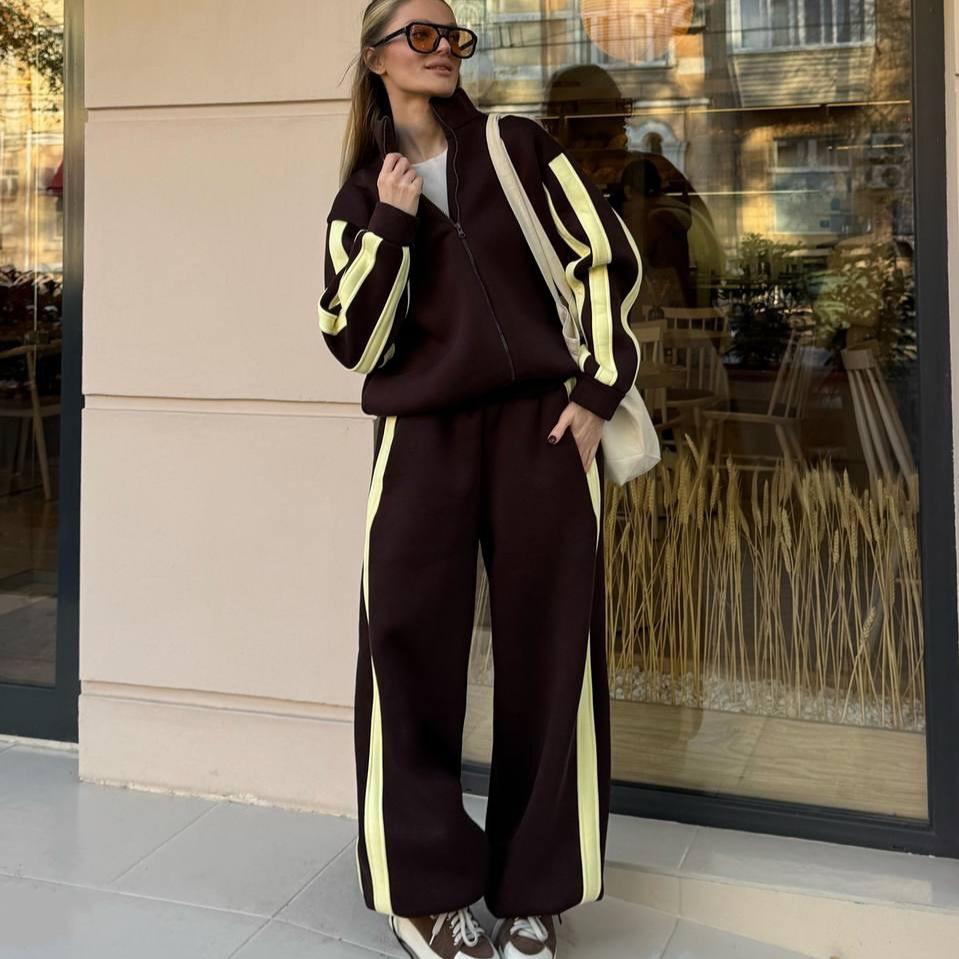 Casual European and American Women's Color Matching Suit Zipper Stand-up Neck Cardigan Jacket Elastic Sweatpants Striped Two-piece Set