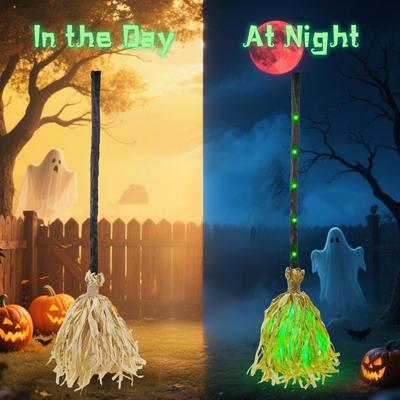 Halloween Besen Dekoration Grüne LED Hexenbesen Dekoration für Halloween Beleuchtete Requisiten Zubehör Gruselige Dekorationen für Terrasse Außen