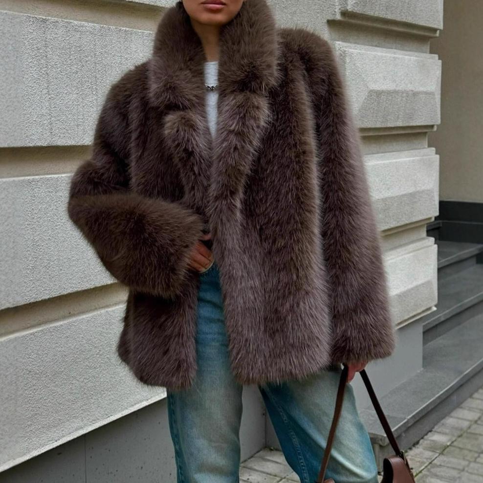 Faux Fox Fur Coats Women Solid Mid Length Jackets Lapel Collar Long Sleeve Furry Outerwear Thick Loose Casual  Autumn Winter