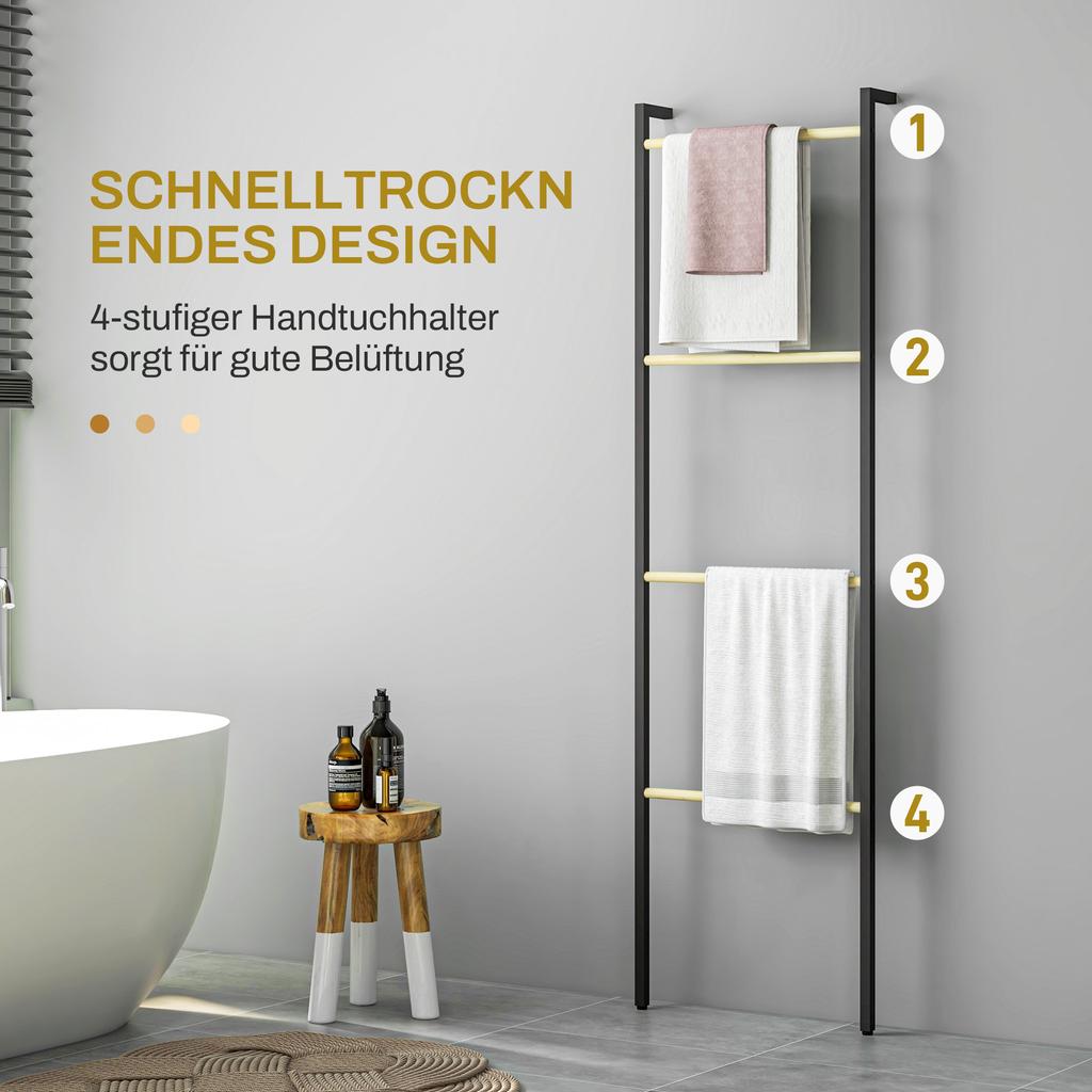 Towel Rail, Freestanding, 4 Bars, 49x5.5x167.5cm, Black/Natural Wood