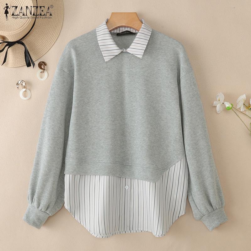 ZANZEA Women Stripe Splice Turn Down Collar Long Sleeve Thin Pullover Sweatshirt