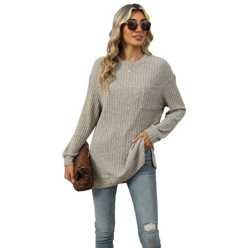 Autumn Winter Round Neck Pocket Hem Slit Loose T-shirt Solid Color Knitwear Pullover Top for Women