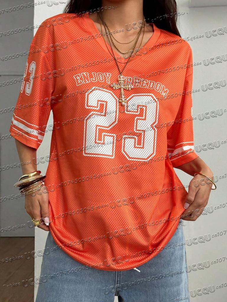 Damen Y2K Sommer Neu Netz Atmungsaktiv Jersey T-Shirt V-Ausschnitt Schulterfrei Digital Bedruckt Sexy Outfit Kurzarm lässiges Oberteil