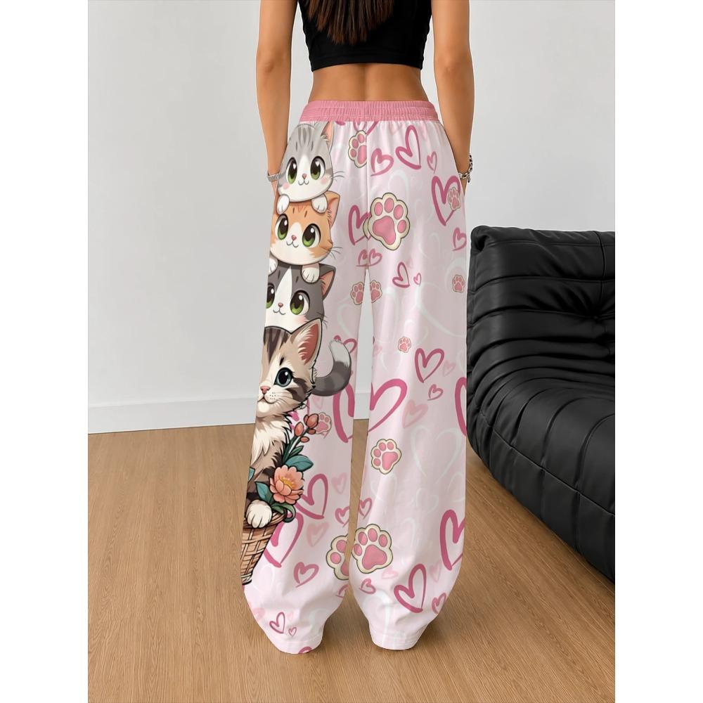 Women's Loose Fashion Casual Sports Wide-leg Pants Cartoon Cat Love Print Spring and Autumn Outdoor Long Sweatpants