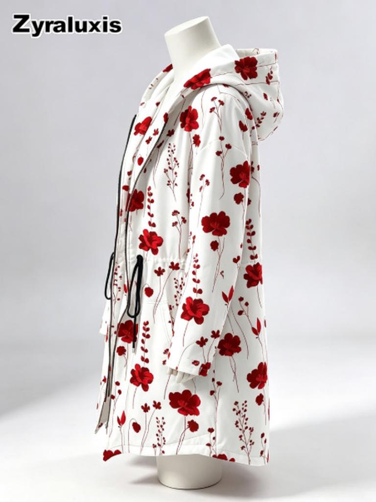 Women's Floral Print Zip-Up Long Sleeve Hoodie with Slim Fit for Fall Winter Daily Wear