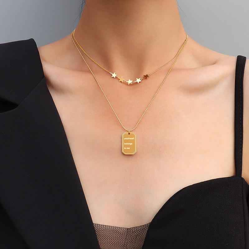 European-American Geometric Star Double-Layered Necklace, 18K Gold, Titanium Steel, Women s Collarbone Accessory.