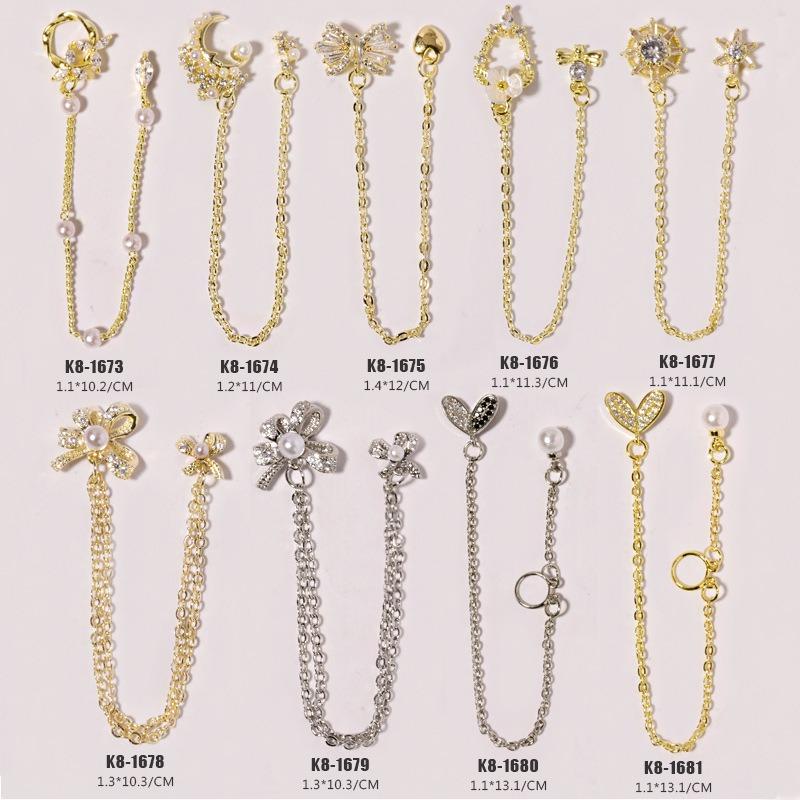 Nail Art Zircon Plated Real Gold Chain Jewelry Pearl Pendant Gold Bow Zircon Chain