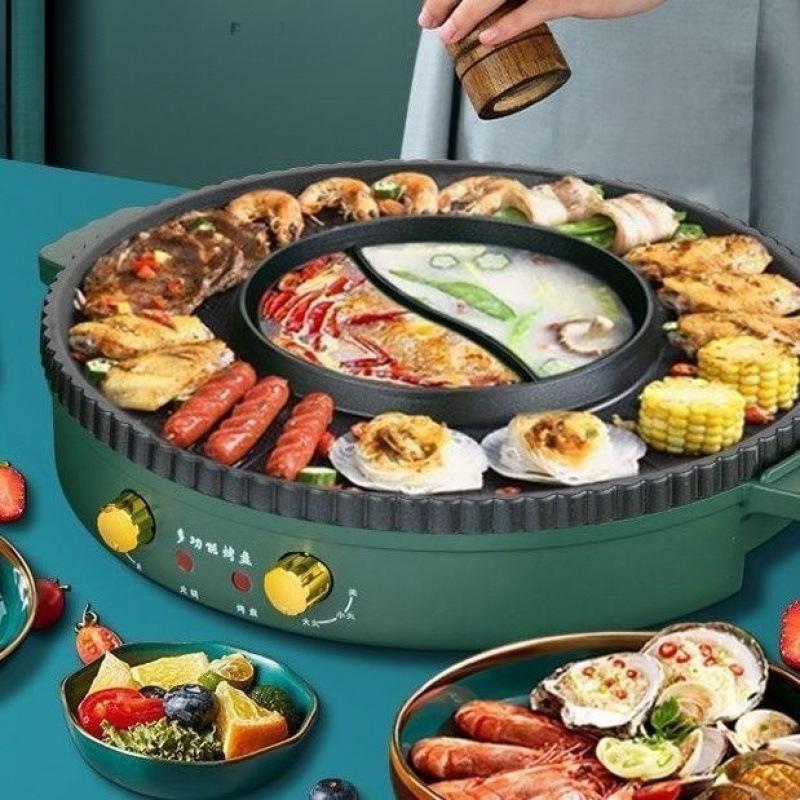 Große Grill- und Hot-Pot-Kombination mit Doppelsteuerung, Antihaft-BBQ-Pfanne, Koreanischer Stil, Geringe Rauchentwicklung