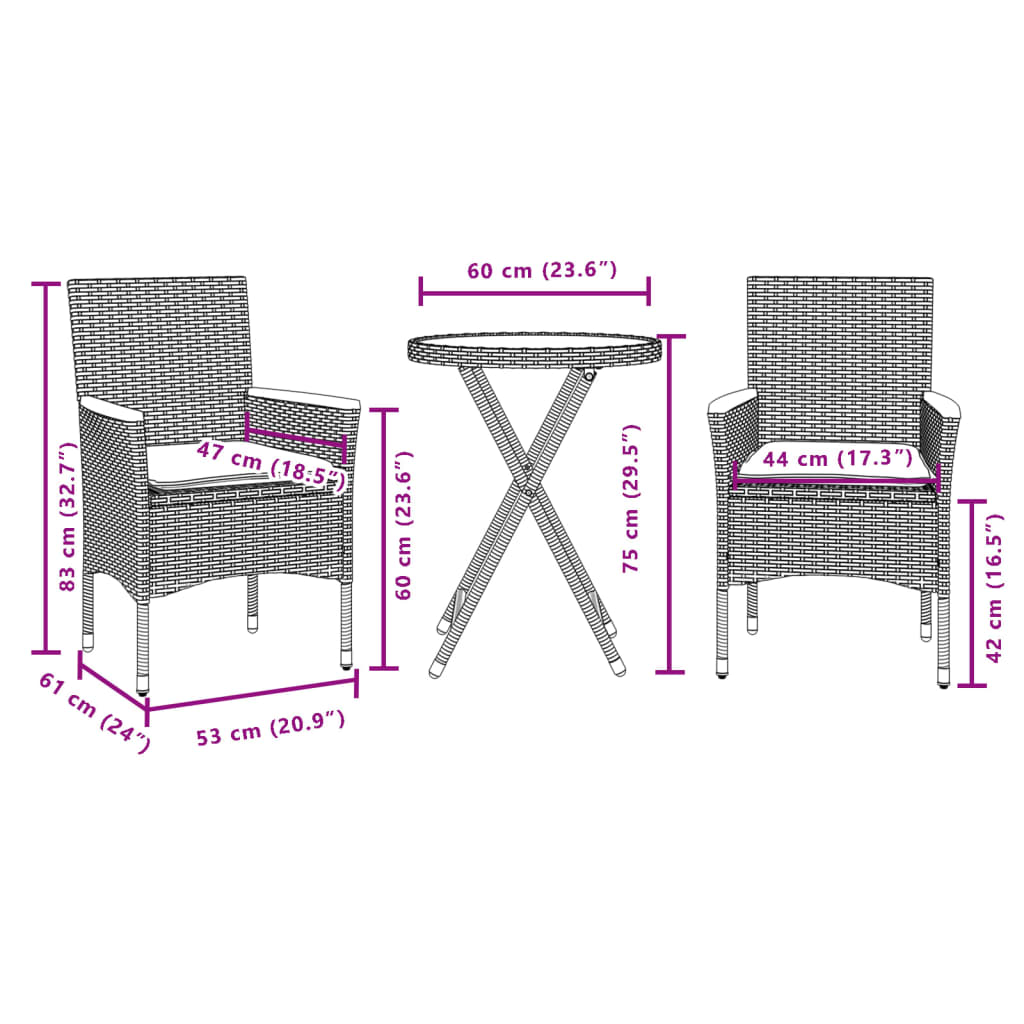 3 Piece Bistro Set with Cushions Black Poly Rattan and Glass