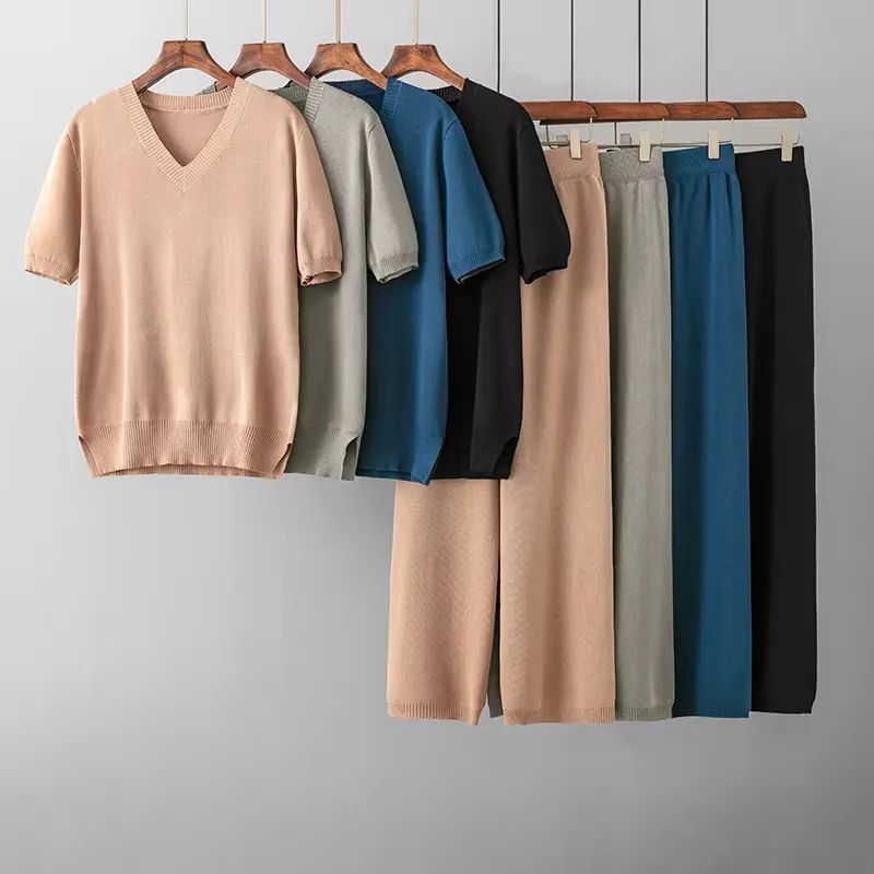 Cross-Border Summer Fashion Knitting Suit Over fit knit Top Two-piece Set High Waist Drape Straight Casual Trousers