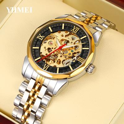Men's Gold Skeleton Automatic Mechanical Watches Retro Self Winding Skeleton Watch Luxury Dress Carving Stainless Steel Waterproof Wrist Watches