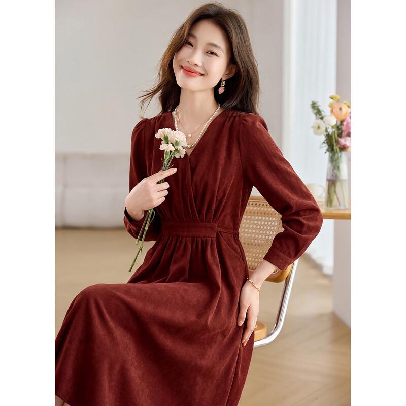 Sanpowa V-Neck Long Sleeve A-Line Midi Dress L