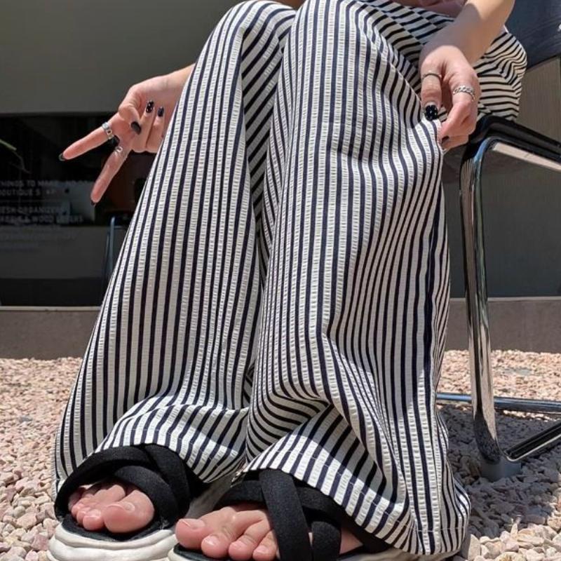 Summer Striped High-Waist Drawstring Wide-Leg Pants for Women - Casual Loose Slimming Lazy Relaxed Thin Trousers