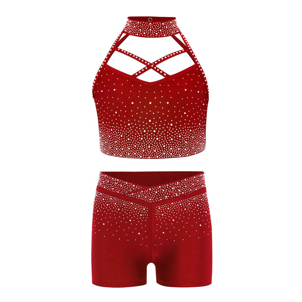 Dívčí gymnastický taneční set Bez rukávů Křížení vpředu Třpytivý crop top s kamínky Elastické šortky v pase
