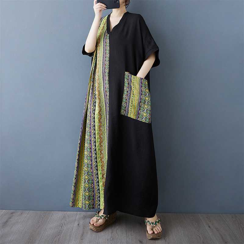 Women's Striped Patchwork Black Long Dress Retro Robe