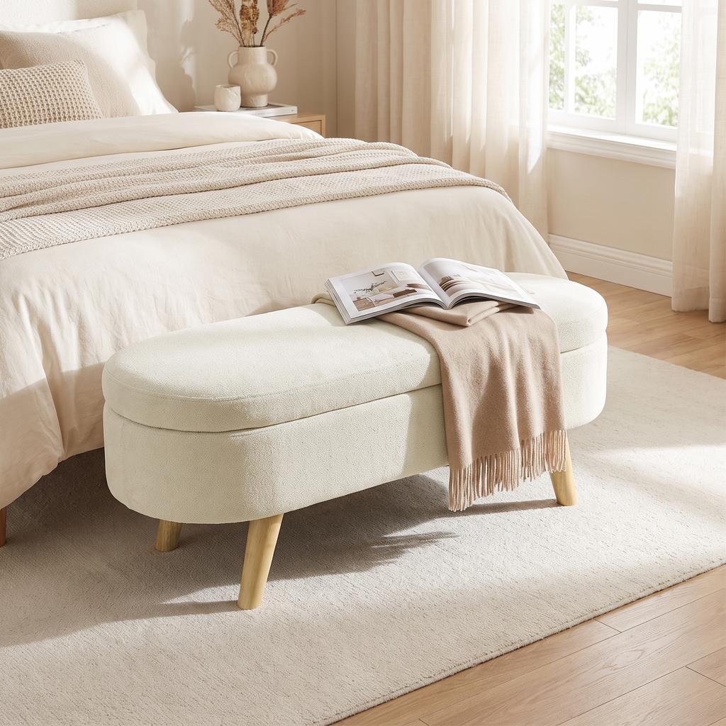 2-in-1 Fabric Storage Bench with Wooden Legs, 110x40x43 cm, Cream