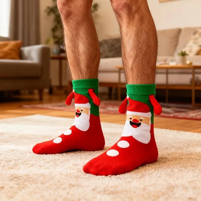 Creative Christmas Magnetic Couple Socks Funny Hand In Hand Design Stockings Red Cotton Mid-Calf Unisex Japanese Style Cute Sock