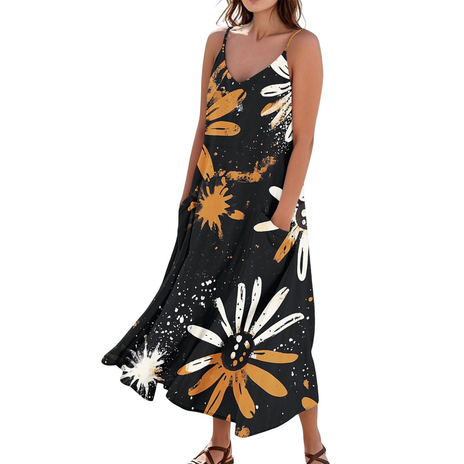 Women s Casual Tie- Floral Print Sleeveless Pocket Dress L