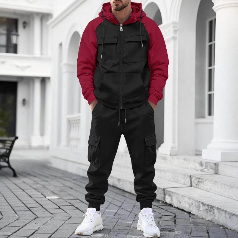 Mens Color Block Raglan Sleeve Hooded Zip Up Cargo Sweatshirt And Jogger Pants Two Piece Set