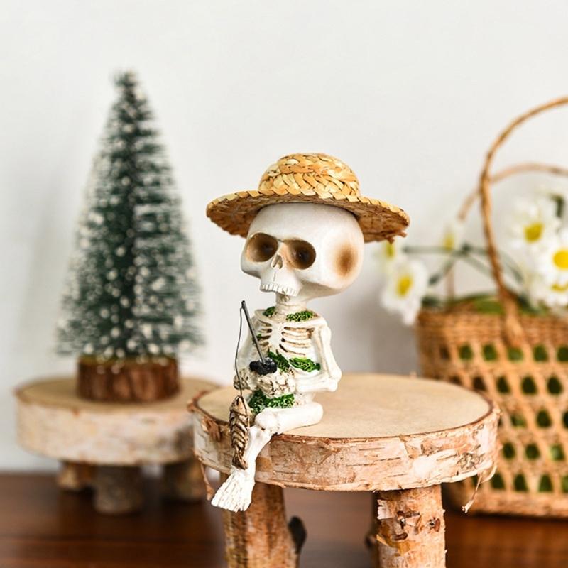 Miniature Resins Skeleton Fishing by Pond Intricate Detailing Figurine Gift for Collectors and Halloween Enthusiasts