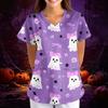 Women's Halloween Print Loose Fit V Neck Short Sleeve Scrub Top with Pockets Medical Uniform Workwear for Healthcare Professionals
