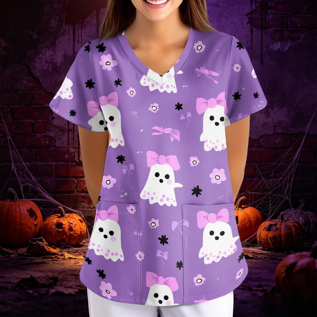 Women's Halloween Print Loose Fit V Neck Short Sleeve Scrub Top with Pockets Medical Uniform Workwear for Healthcare Professionals