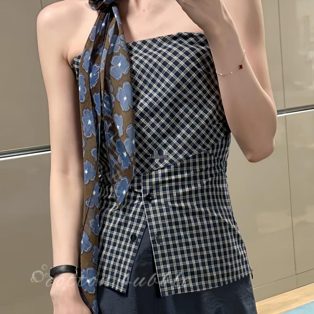 Korean Blue-Brown Floral Silk Tie-Neck Scarf