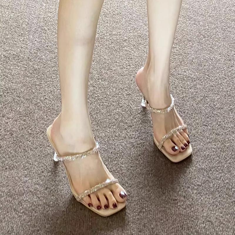 Rhinestone Word with Open-toed Sandals High Heels Women's Stiletto Temperament Socialite Slippers