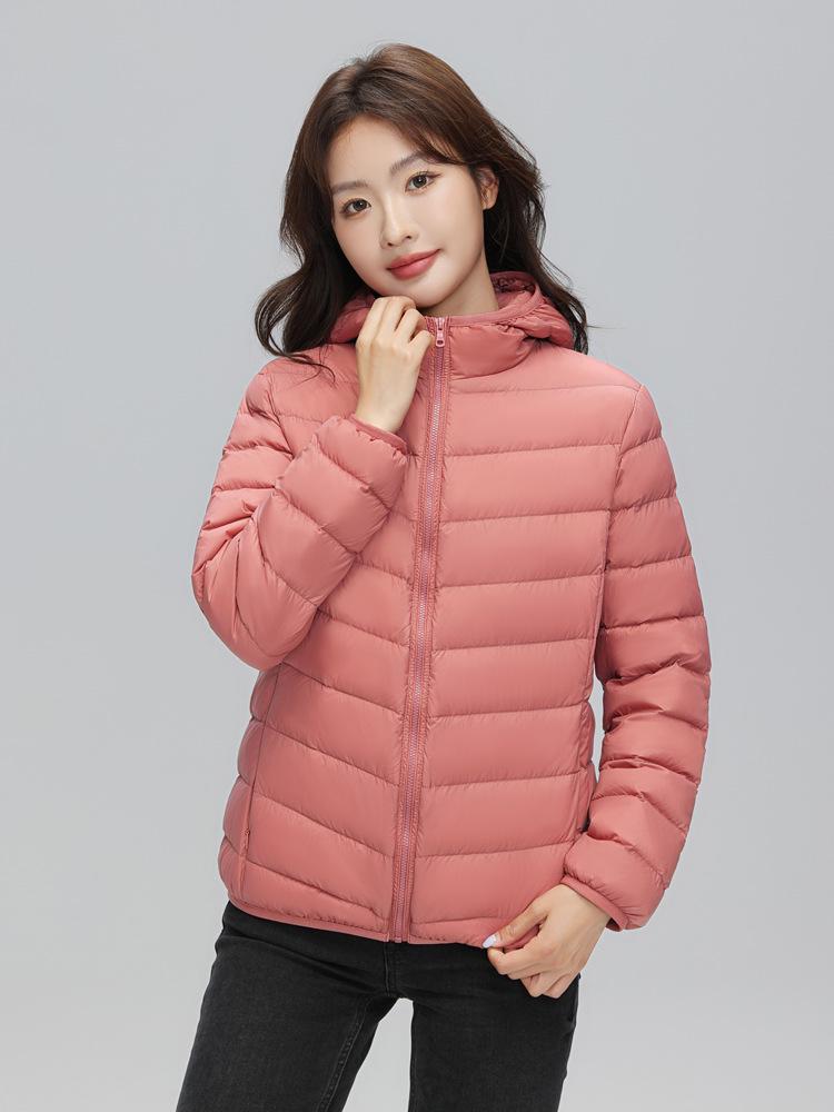 Women's Lightweight Hooded Down Jacket - 90% Down, Solid Color, Casual Warm Plus Size Coat for Autumn/Winter.