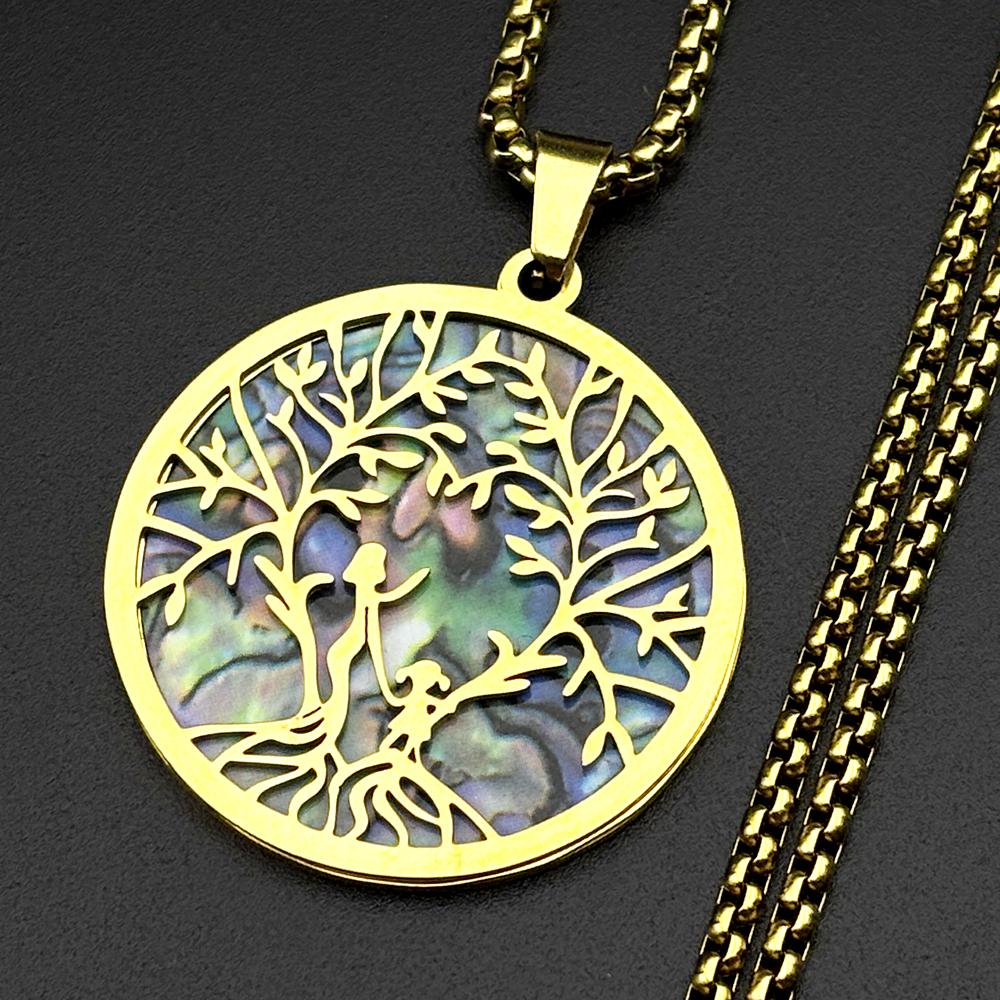Mother Child Tree Of Life Abalone Shell Pendant Necklace For Women Men Stainless Steel Love Family Healing Charm Chain Jewelry