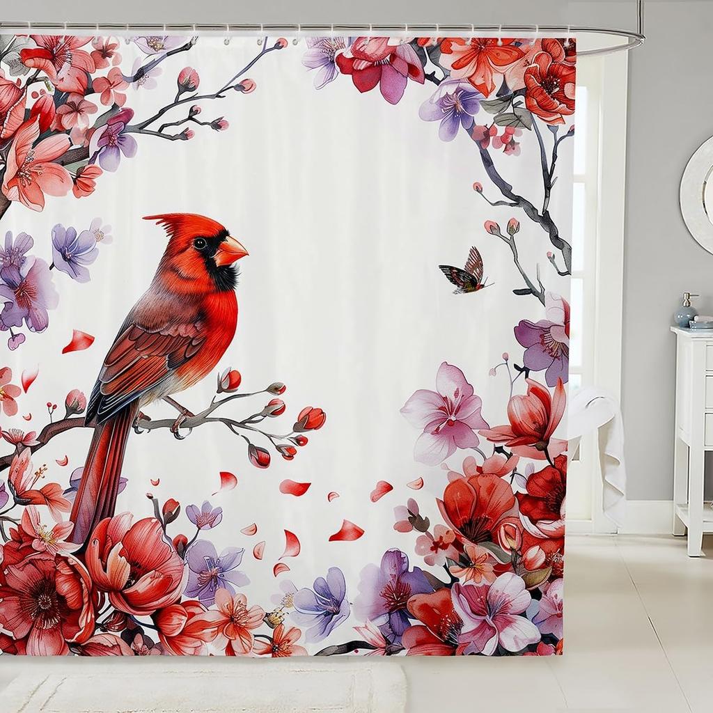 Japanese Style Bathroom Curtain Cherry BlossomShower Curtain for Girls Teen Women,Watercolor Mount Fuji Sakura Animal Aesthetics