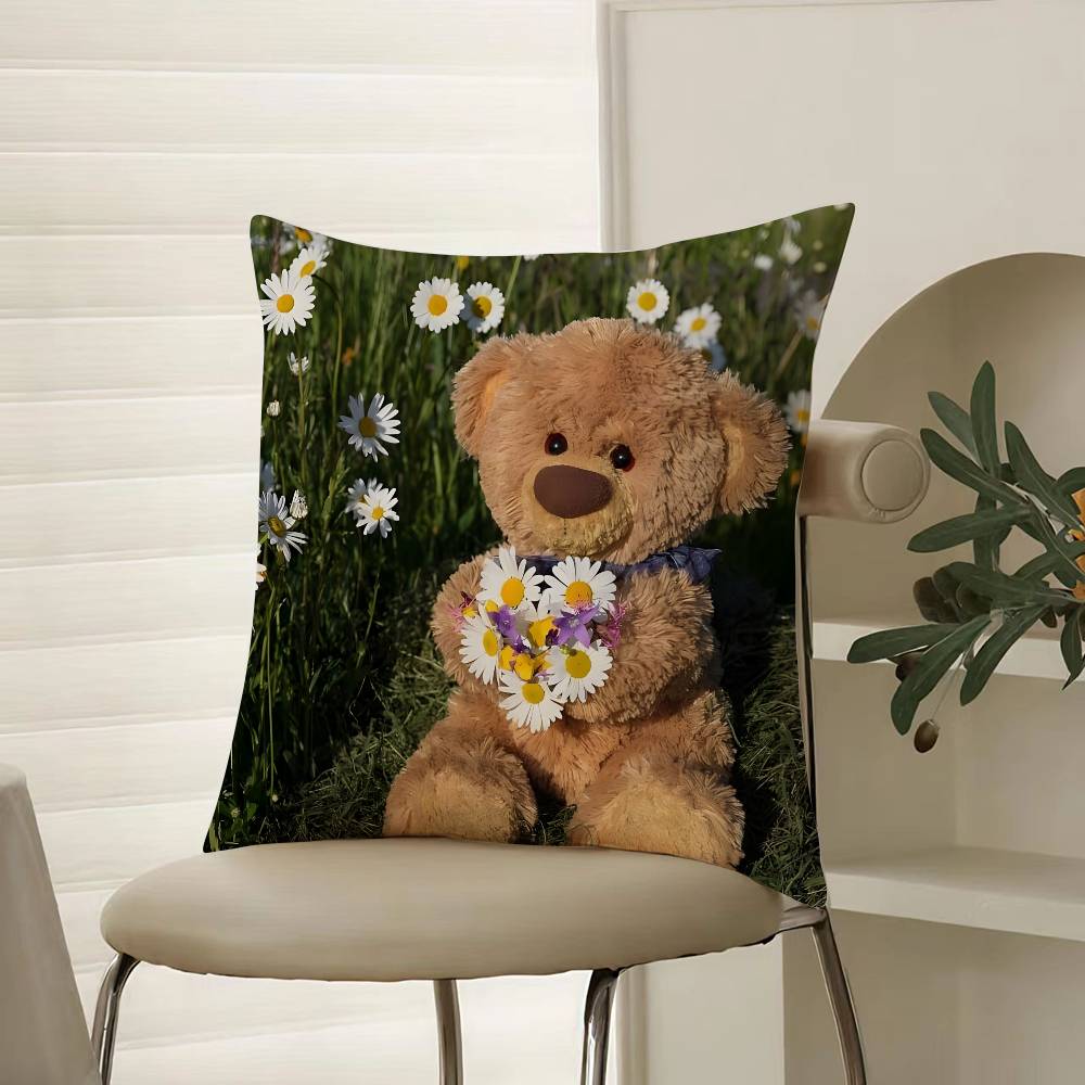 Childish-hearted And Friends Teddy Bear-B Pillow Case Comfort Sofa Bed Silky Elegant Invisible Zipper Decorative Cushion Cover