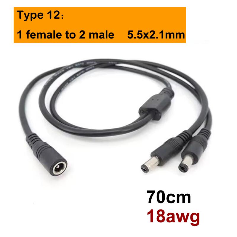 13 Types 12v DC Male Female Power Supply Splitter Adapter To 2 Way Dual Male Female Cable Plug 5.5*2.1mm 2.5mm 22awg 18awg Wire