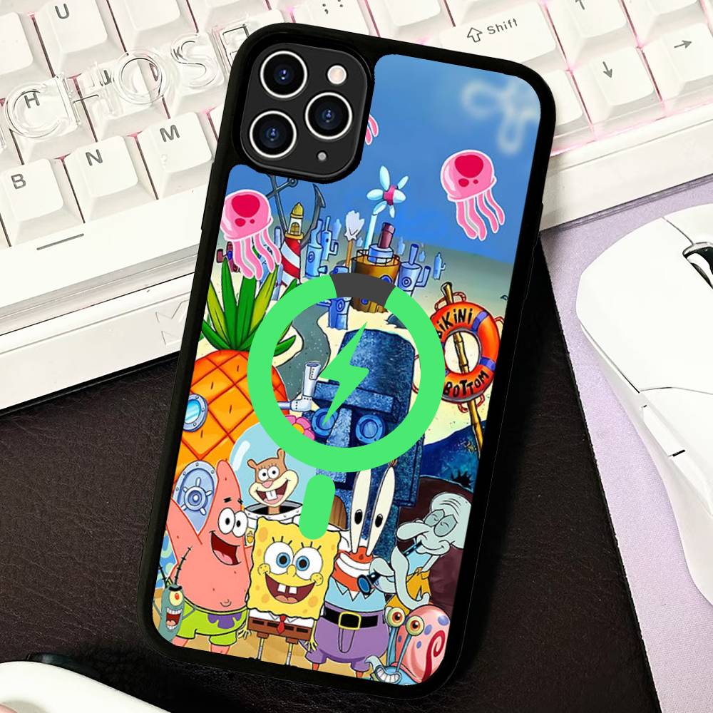 Cartone Animato Carino S-SpongeBob Anime Nero Per Magsafe Custodia Magnetica per Telefono Per IPhone 16 15 17 Pro Max 11 12 13 14 Plus Cover