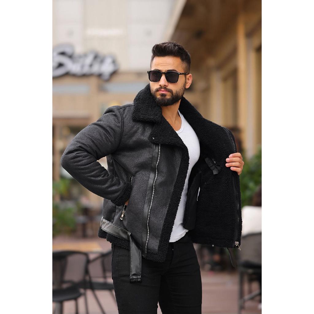 Laminated Leather Double-breasted Coat With Complete Fur Inside