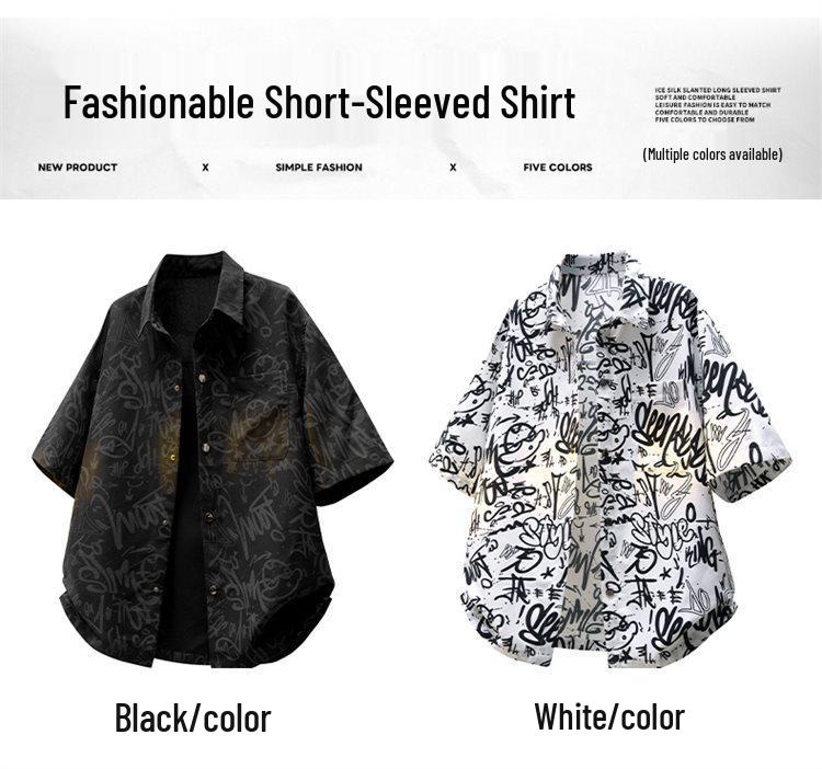 M-8XL Trendy Japanese Style Plus Size Graffiti Lapel Men's Casual Loose Shirt