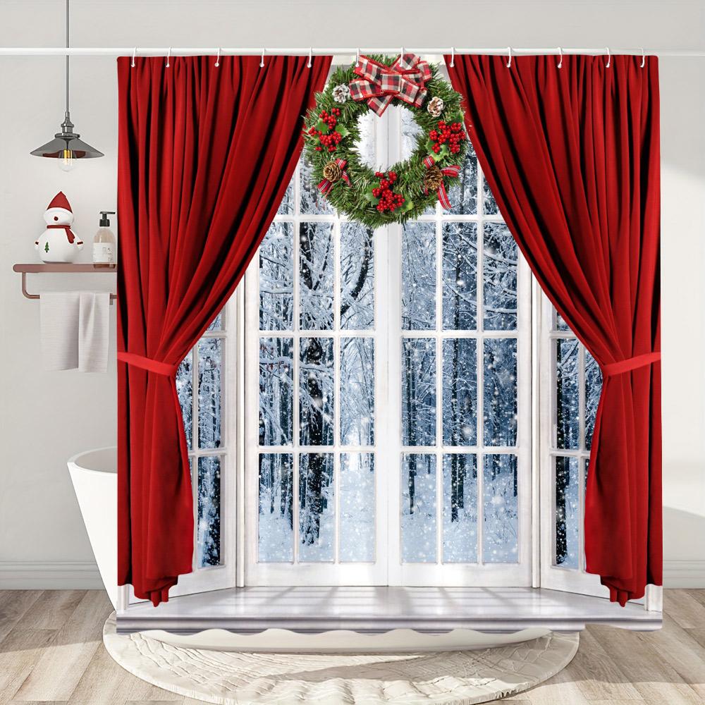 Snowman Christmas Shower Curtain Christmas Tree Gifts Red Bird Winter Snow Fabric Printed Bath Curtain Bathroom Decor With Hooks