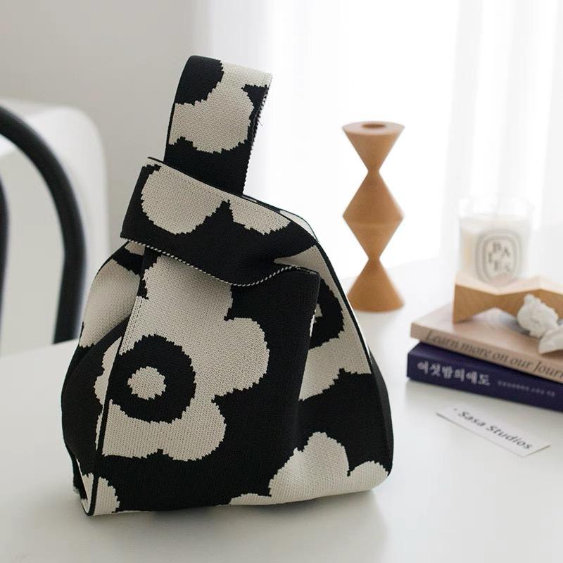 Japanese Art Canvas Handbag Large Capacity Geometric Pattern Shoulder Bag Women's Trendy Versatile Casual Knot Purse & Wrist Bag