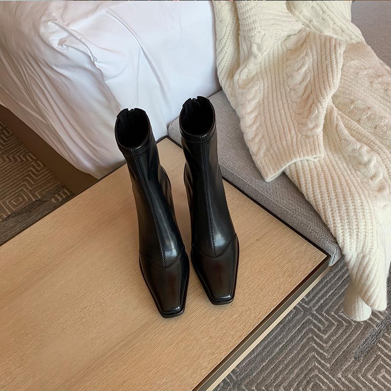 High-heeled Short Boots Women's 2025 Autumn and Winter New Korean Version Splicing Zipper Internet Celebrity Thin Boots Square-heeled Elastic Boots