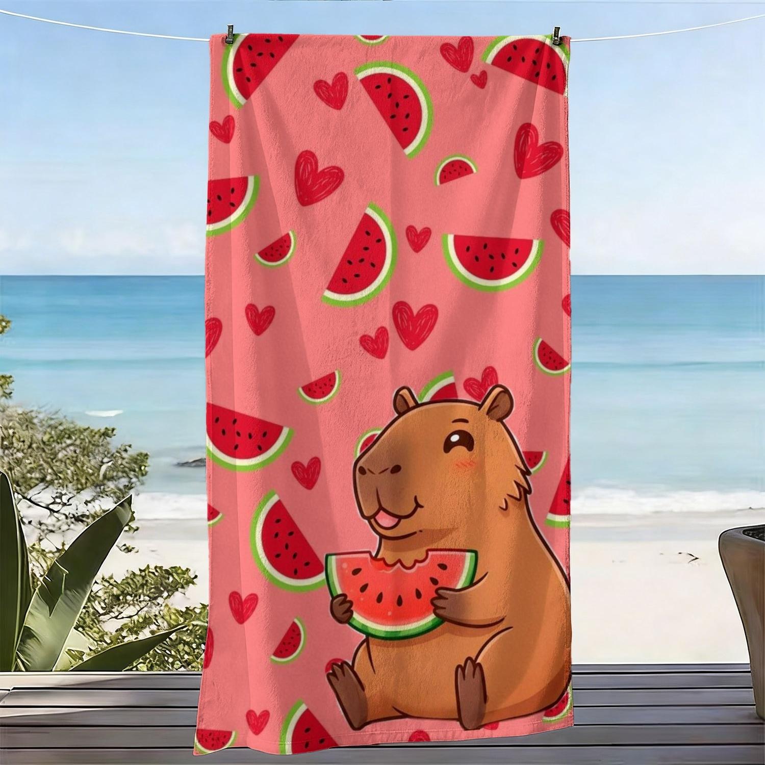 Capybara Watermelon Heart Oversized Beach Towel, Soft Microfiber Quick-Dry for Beach Pool Picnic Summer Gift W40*H60(CM)