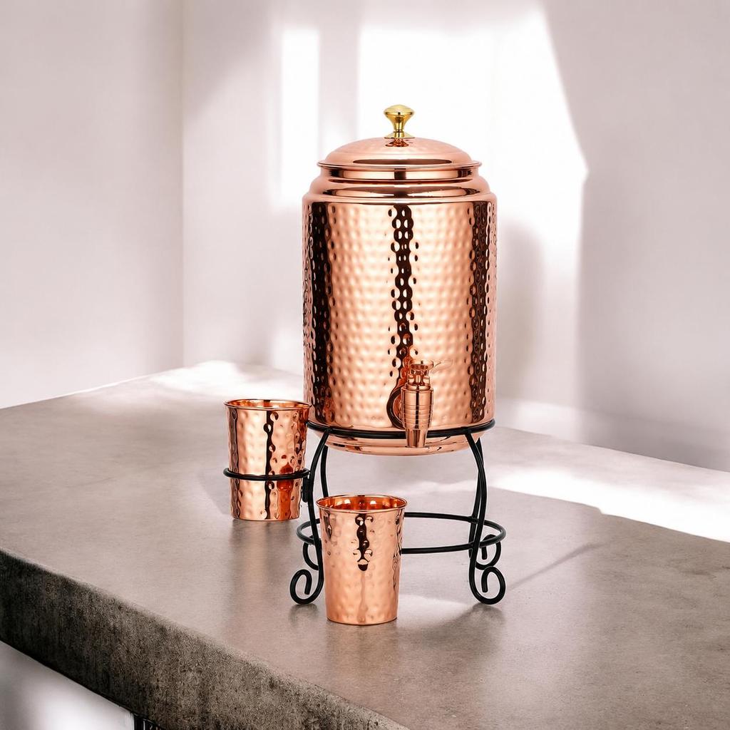 Copper Water Dispenser Set – 5 Litres | Hammered Natural Finish | Includes Stand, 2 Glasses & ABS Tap | Ayurvedic Tamra Jal Water Storage Pot