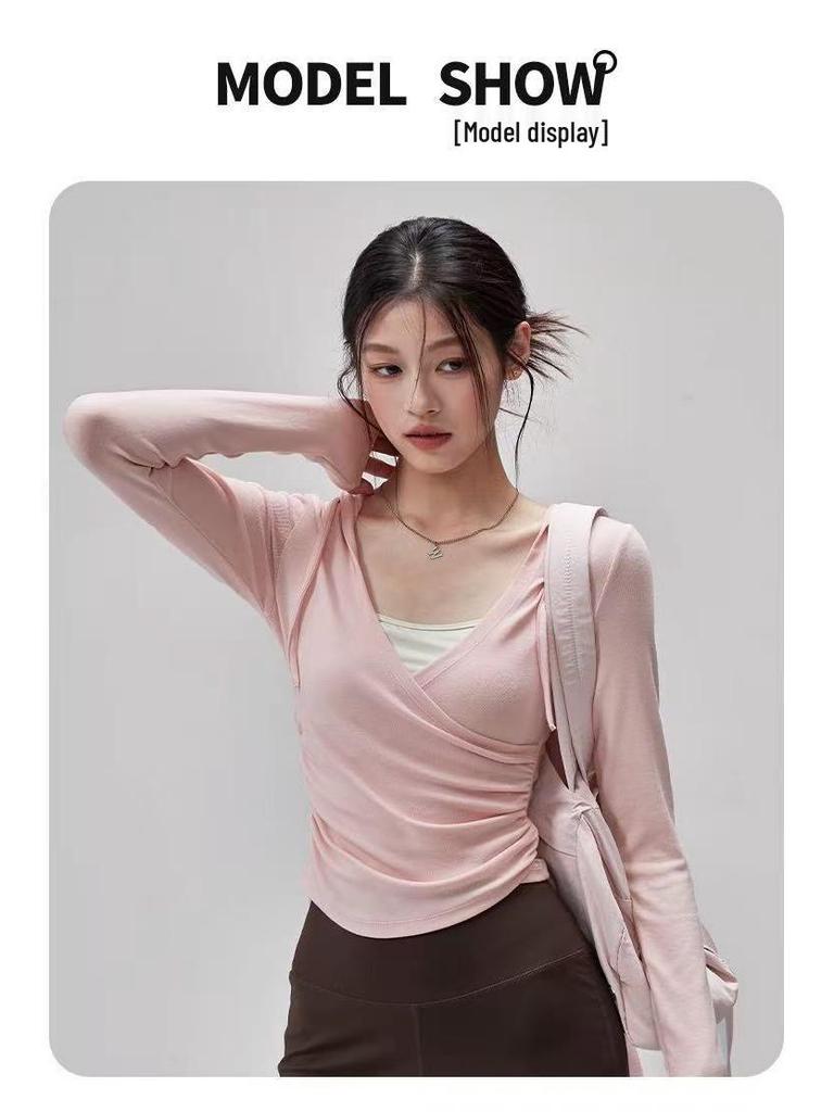Women's Hooded Long Sleeve Yoga Top - Slimming, Breathable, Waist-Cinching Sports Cover-Up for Pilates Training, Autumn Comfort.
