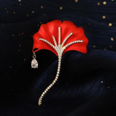 Bo Xin Yun High-End Red Ginkgo Leaf Brooch with Zircon Rose Flower