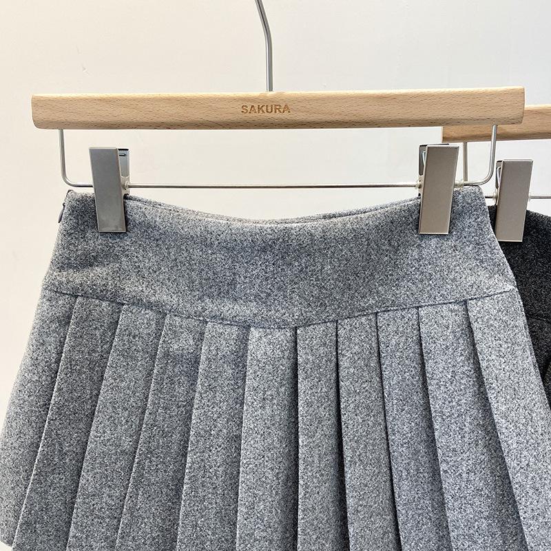 Elegant Grey Wool A-Line Pleated Skirt for Women - Versatile, Age-Reducing, Anti-Exposure, Korean Style, Autumn Winter 2025